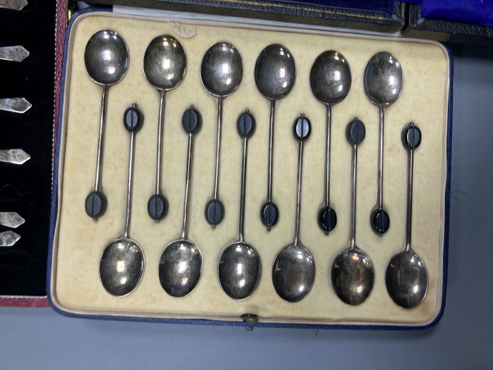 Six assorted cased sets of English and Continental silver flatware